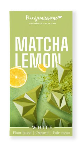 Benjamissimo bio vegán fehér csokoládé matcha tea és citrom hozzáadott cukor nélkül édesítőszerrel 60 g