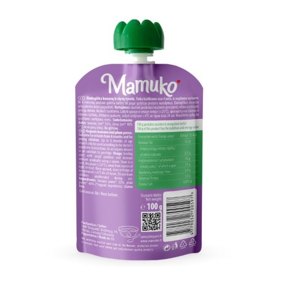 MAMUKO BIO BANÁN, SZILVA PÜRÉ 100 g