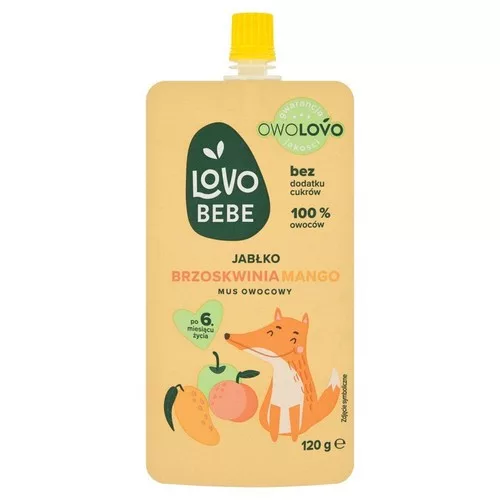 Lovo Bebe gyümölcspüré 6 hónapos kortól alma-őszibarack-mangó 120 g – Aszalmány