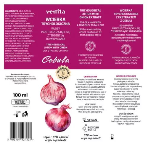 Venita trichológiás hajgyógyászati hajkondicionáló hajszesz-elixír hagyma kivonattal zsírosodásra és hajhullásra 100 ml - Bio és natúr kozmetikumok