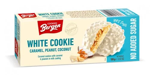 Bergen white cookie fehércsoki bevonatos kókuszos keksz hozzáadott cukor nélkül 100 g – Csokoládé