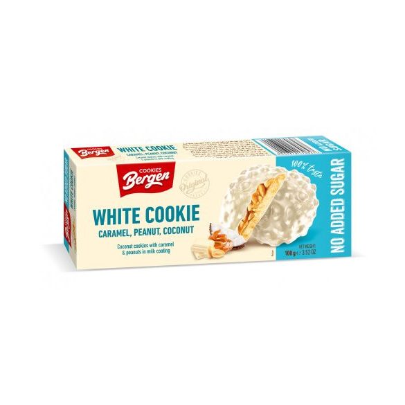 Bergen white cookie fehércsoki bevonatos kókuszos keksz hozzáadott cukor nélkül 100 g