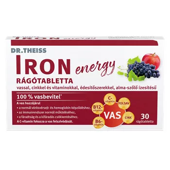 Dr.Theiss iron energy rágótabletta vassal, cinkkel és vitaminokkal alma-szőlő ízben 30 db - 