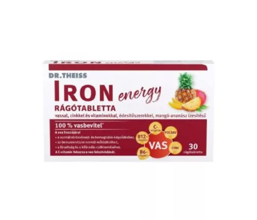 Dr.Theiss iron energy rágótabletta vassal, cinkkel és vitaminokkal mangó-ananász ízben 30 db - 
