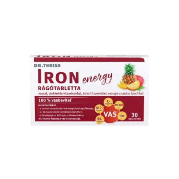 Dr.Theiss iron energy rágótabletta vassal, cinkkel és vitaminokkal mangó-ananász ízben 30 db