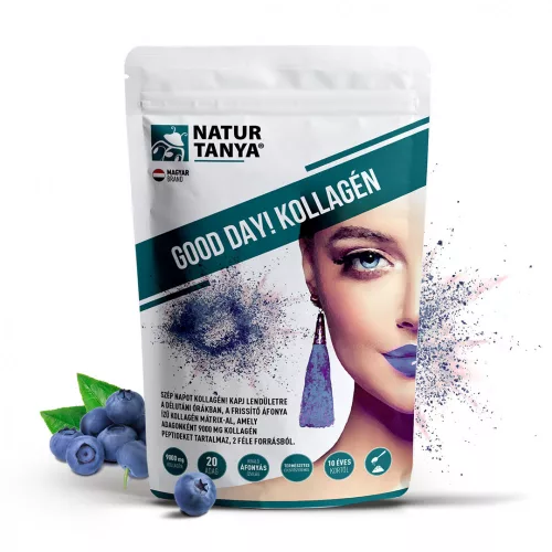 Natur Tanya® GOOD DAY! Kollagén por frissítő áfonya ízben - hal és marha kollagén peptidek, biotin – Bőr, haj, köröm
