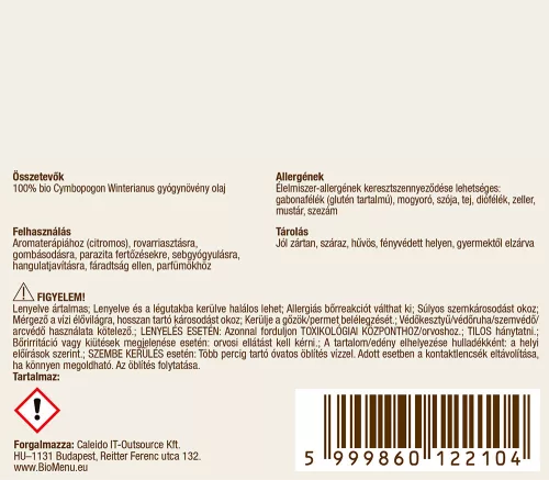 BioMenü BIO CITRONELLA Java illóolaj 10 ml - Aromaterápiához és természetes wellnesshez
