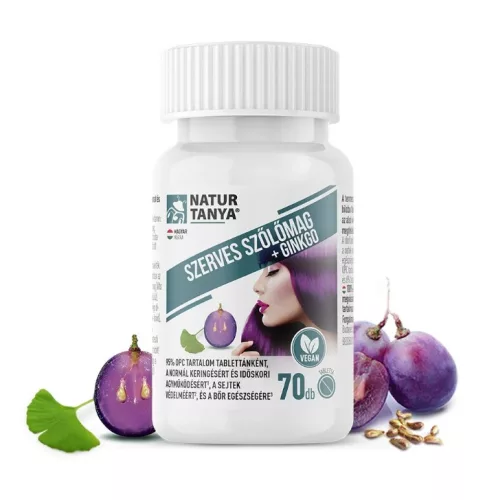 Natur Tanya® Szerves Szőlőmag és Ginkgo biloba. 95% OPC, 24% flavon glikozid és 6% terpén laktonra standardizált tabletta - Bio és natúr étrendkiegészítők