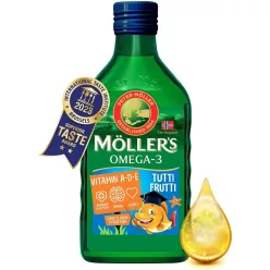 Möllers omega-3 halolaj étrend-kiegészítő a, d és e-vitaminnal, tutti-frutti ízesítéssel 250 ml - Bio és natúr étrendkiegészítők
