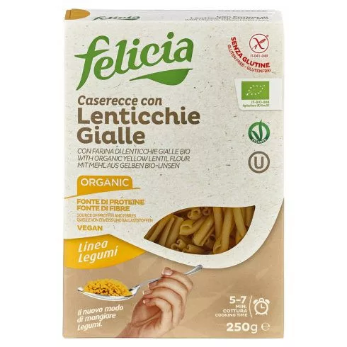 Felicia Bio sárga lencse caserecce gluténmentes tészta 250 g  Új termék - Bio és natúr élelmiszerek