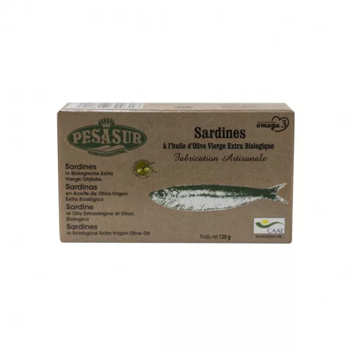 Szardínia bio extraszűz oliva olajban dobozban 120 g - Bio és natúr élelmiszerek