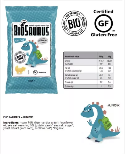BioSaurus Bio Kukorica Snack - tengeri só 50 g  Új termék - Bio és natúr élelmiszerek