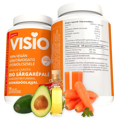 VISIO Szemtámogató gyümölcszselé (70db) bio sárgarépalé koncentrátummal – több, mint 1 havi adag, 100% vegán - Bio és natúr étrendkiegészítők