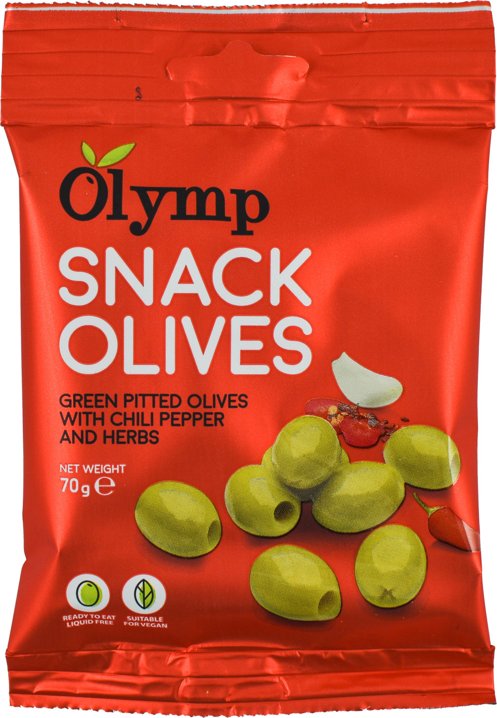 Olymp snack fűszerezett zöld magozott olajbogyó chili paprikával 70 g