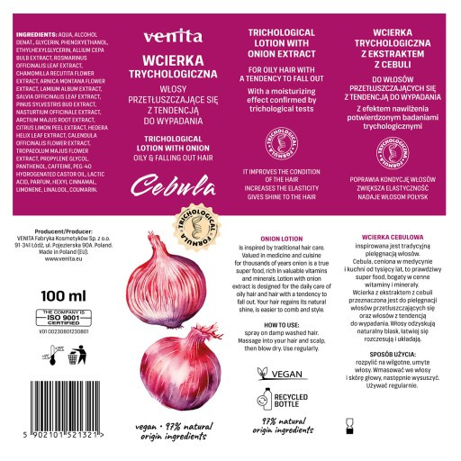 Venita trichológiás hajgyógyászati hajkondicionáló hajszesz-elixír hagyma kivonattal zsírosodásra és hajhullásra 100 ml