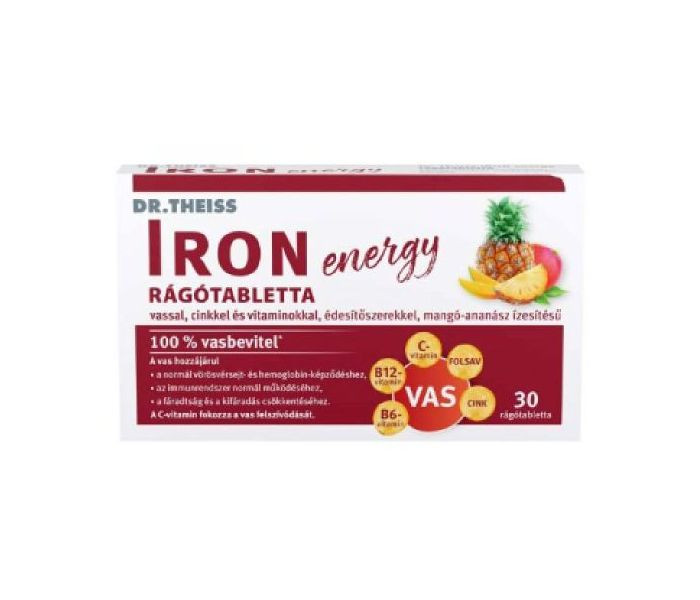 Dr.Theiss iron energy rágótabletta vassal, cinkkel és vitaminokkal mangó-ananász ízben 30 db