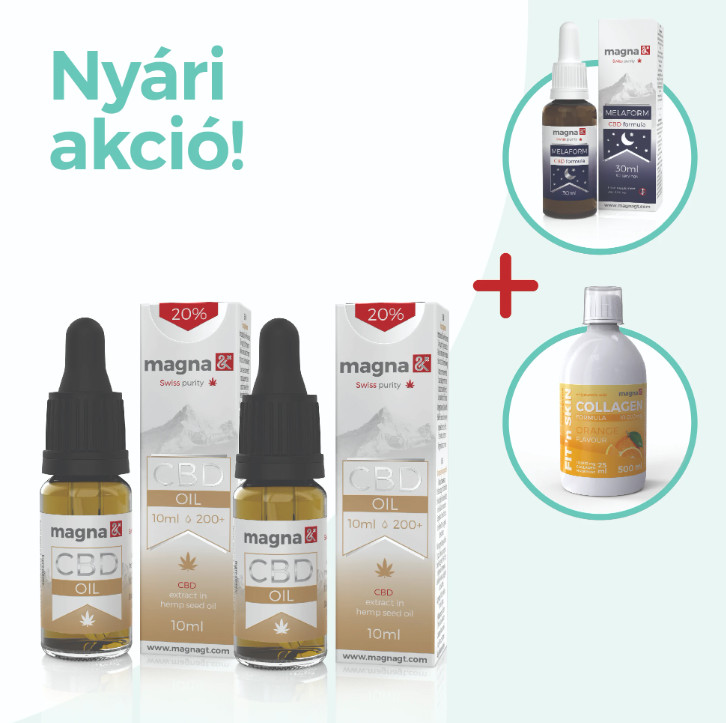 Magna akciós csomag: 2 db Magna CBD olaj 20% + ajándék Magna CBD Melaform és Magna FIT'n SKIN Collagen ital