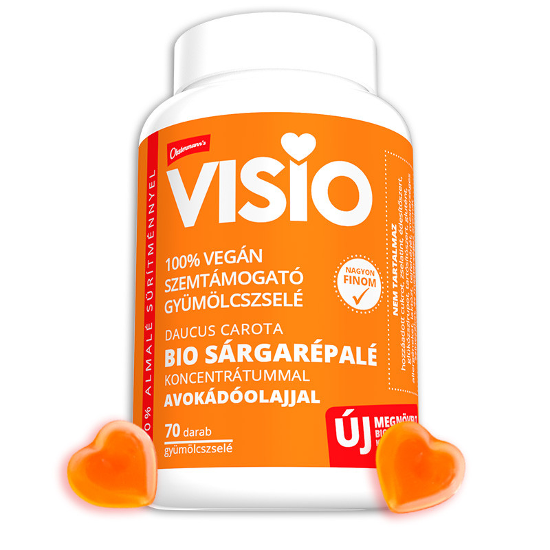 VISIO Szemtámogató gyümölcszselé (70db) bio sárgarépalé koncentrátummal – több, mint 1 havi adag, 100% vegán